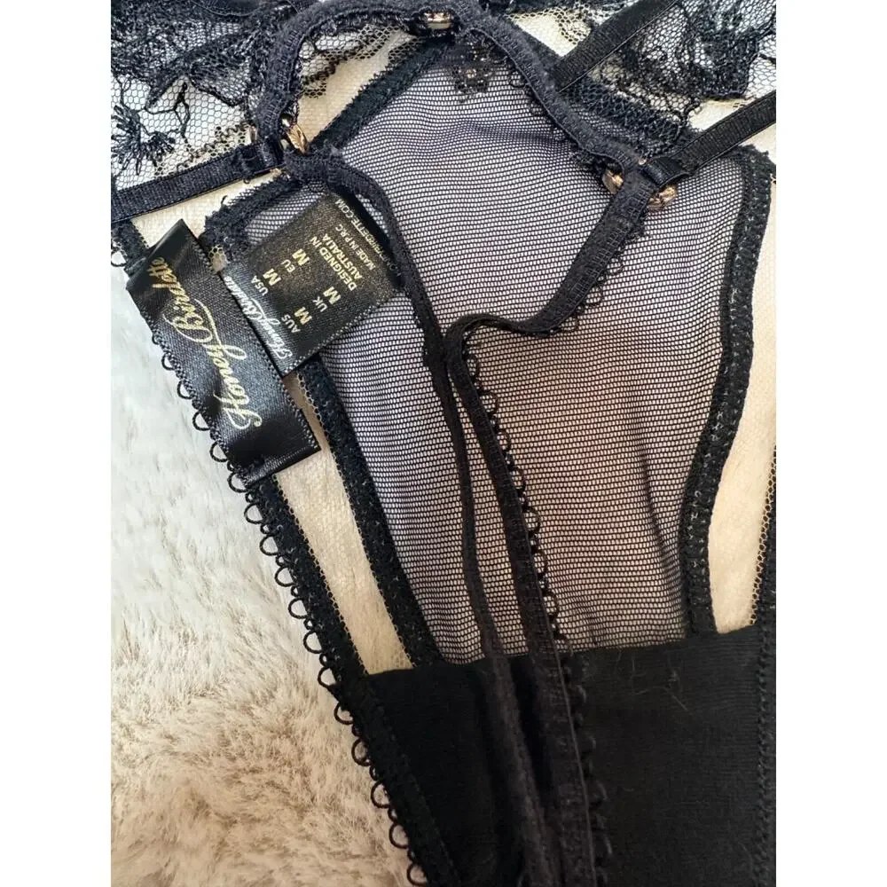 Honey Birdette EMMA🖤 Black Floral Lace 3 Piece Set 36D, L, M Thong